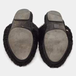 Dolce & Gabbana Black Fur Crown Crystal Embellished Flat Mules Size 44