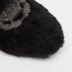Dolce & Gabbana Black Fur Crown Crystal Embellished Flat Mules Size 44