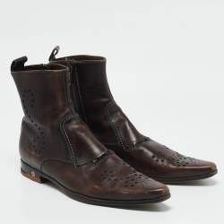 Dolce & Gabbana Brown Brogue Leather Zip Ankle Length Boots Size 41