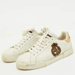 Dolce & Gabbana White Leather Portofino Crown Patch Low Top Sneakers Size 41