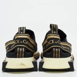 Dolce & Gabbana Black/Gold Stretch Fabric Jersey Sorrento Logo Print Slip On Sneakers Size 45