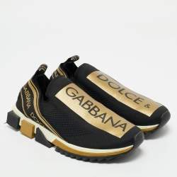 Dolce & Gabbana Black/Gold Stretch Fabric Jersey Sorrento Logo Print Slip On Sneakers Size 45