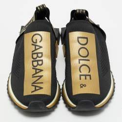 Dolce & Gabbana Black/Gold Stretch Fabric Jersey Sorrento Logo Print Slip On Sneakers Size 45