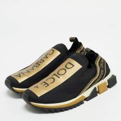Dolce & Gabbana Black/Gold Stretch Fabric Jersey Sorrento Logo Print Slip On Sneakers Size 45