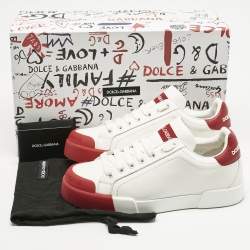 Pre Owned Dolce & Gabbana White/Red Leather and Rubber Toe Portofino Low Top Sneakers Size 39