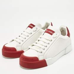 Pre Owned Dolce & Gabbana White/Red Leather and Rubber Toe Portofino Low Top Sneakers Size 39