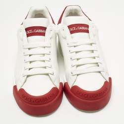Pre Owned Dolce & Gabbana White/Red Leather and Rubber Toe Portofino Low Top Sneakers Size 39