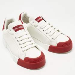 Pre Owned Dolce & Gabbana White/Red Leather and Rubber Toe Portofino Low Top Sneakers Size 39