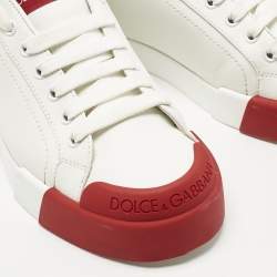 Pre Owned Dolce & Gabbana White/Red Leather and Rubber Toe Portofino Low Top Sneakers Size 39