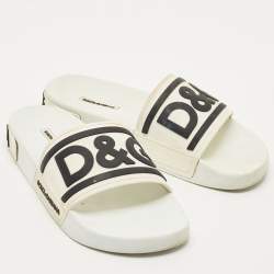 Pre Owned Dolce & Gabbana White/Black Rubber Logo Flat Slides Size 40