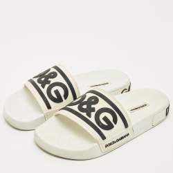 Pre Owned Dolce & Gabbana White/Black Rubber Logo Flat Slides Size 40