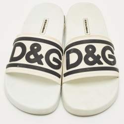 Pre Owned Dolce & Gabbana White/Black Rubber Logo Flat Slides Size 40