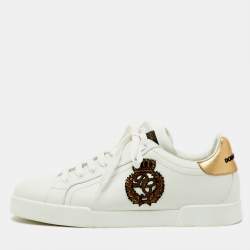 Pre Owned Dolce & Gabbana White/Gold Leather Crown Patch Portofino Low Top Sneakers Size 44.5