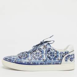 Pre Owned Dolce & Gabbana Blue/White Leather Majolica Print Portofino Low Top Sneakers Size 44