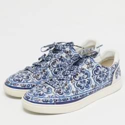 Pre Owned Dolce & Gabbana Blue/White Leather Majolica Print Portofino Low Top Sneakers Size 44