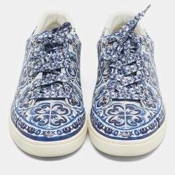 Pre Owned Dolce & Gabbana Blue/White Leather Majolica Print Portofino Low Top Sneakers Size 44
