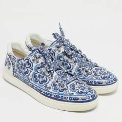Pre Owned Dolce & Gabbana Blue/White Leather Majolica Print Portofino Low Top Sneakers Size 44