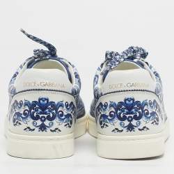 Pre Owned Dolce & Gabbana Blue/White Leather Majolica Print Portofino Low Top Sneakers Size 44