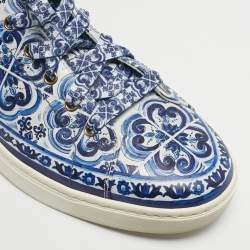 Pre Owned Dolce & Gabbana Blue/White Leather Majolica Print Portofino Low Top Sneakers Size 44