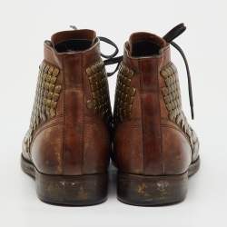 Pre Owned Dolce & Gabbana Brown Leather Runway Studs Cortina Lace Up Ankle Boots Size 41