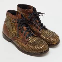 Pre Owned Dolce & Gabbana Brown Leather Runway Studs Cortina Lace Up Ankle Boots Size 41