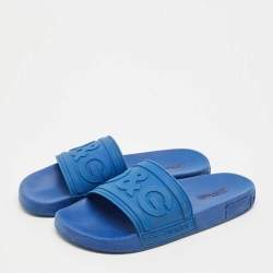 Pre Owned Dolce & Gabbana Blue Rubber Logo Flat Slides Size 43
