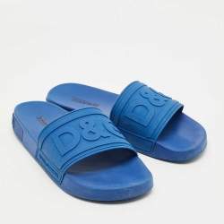 Pre Owned Dolce & Gabbana Blue Rubber Logo Flat Slides Size 43