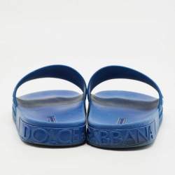 Pre Owned Dolce & Gabbana Blue Rubber Logo Flat Slides Size 43