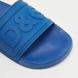 Pre Owned Dolce & Gabbana Blue Rubber Logo Flat Slides Size 43