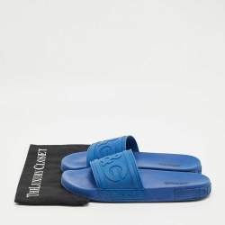 Pre Owned Dolce & Gabbana Blue Rubber Logo Flat Slides Size 43