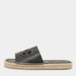 Pre Owned Dolce & Gabbana Black Leather Espadrille Flat Slides Size 45    
