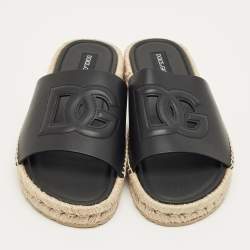 Pre Owned Dolce & Gabbana Black Leather Espadrille Flat Slides Size 45    