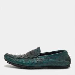 Pre Owned Dolce & Gabbana Size 41 Dark Green Ostrich Leather Slip On Loafers