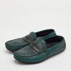 Pre Owned Dolce & Gabbana Size 41 Dark Green Ostrich Leather Slip On Loafers