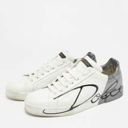 مملوكة مسبقًا حذاء رياضي دولتشي أند غابانا جلد أبيض/أسود وبراءة لامع بورتوفينو برباط مقاس 40