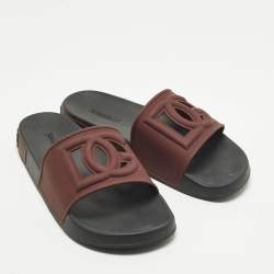 Pre Owned Dolce & Gabbana DG Logo Size 44 Burgundy Rubber Flat Slides