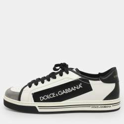 Pre Owned Dolce & Gabbana Log Tape Size 45 White/Black Coated Canvas and Leather Low Top Sneakers