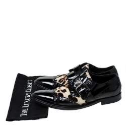 مملوكة مسبقًا  حذاء دربي دولتشي أند غابانا بشريط مونك شعر مهر بنقوش جلد الفهد وجلد لامع أسود مقاس 41