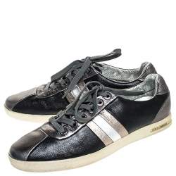 Dolce & Gabbana Metallic Black/Grey Leather Striped Lace Up Sneakers Size 40