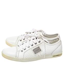 Pre Owned Dolce & Gabbana White Perforated Leather Logo Plaque Low Top Sneakers Size 44