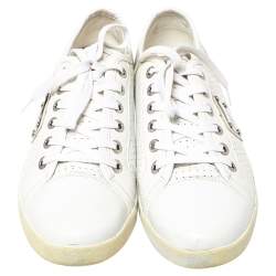 Pre Owned Dolce & Gabbana White Perforated Leather Logo Plaque Low Top Sneakers Size 44