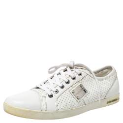 Pre Owned Dolce & Gabbana White Perforated Leather Logo Plaque Low Top Sneakers Size 44