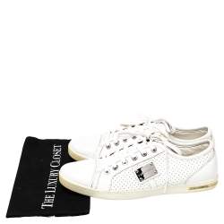 Pre Owned Dolce & Gabbana White Perforated Leather Logo Plaque Low Top Sneakers Size 44