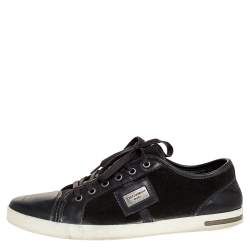 Pre Owned Dolce & Gabbana Grey Leather And Green Suede Logo Plaque Low Top Sneakers Size 42