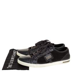 Pre Owned Dolce & Gabbana Grey Leather And Green Suede Logo Plaque Low Top Sneakers Size 42