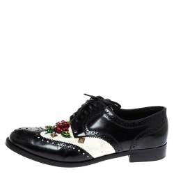 Dolce & Gabbana Black Brogue Leather Crystal Embellished Wool and Leather Oxfords Size 41
