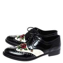 Dolce & Gabbana Black Brogue Leather Crystal Embellished Wool and Leather Oxfords Size 41