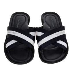 Pre Owned Dolce & Gabbana Black/White Canvas Cross Strap Flat Slides Size 43