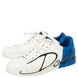 Pre Owned Dolce & Gabbana White/Blue Leather Portofino Sneakers Size 45