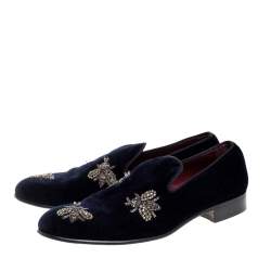 Pre Owned Dolce and Gabbana Navy Blue Velvet Bee Embellished Smoking Slippers Size 43